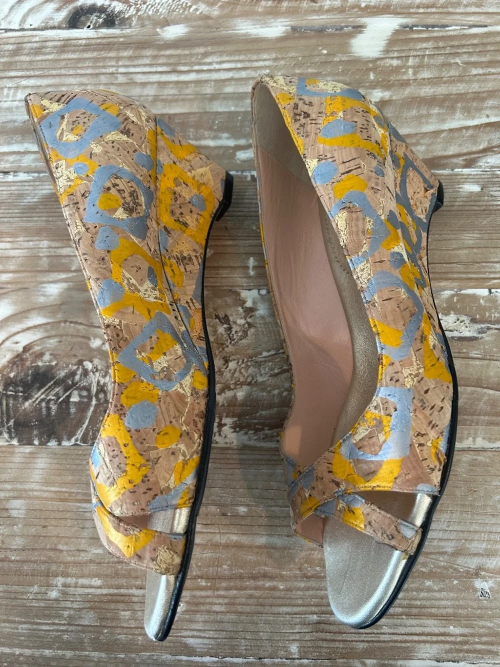 Anyi Lu Peep Toe Cork Wedges in Yellow & Grey Sz 39 (Sz 8.5-9) - EUC